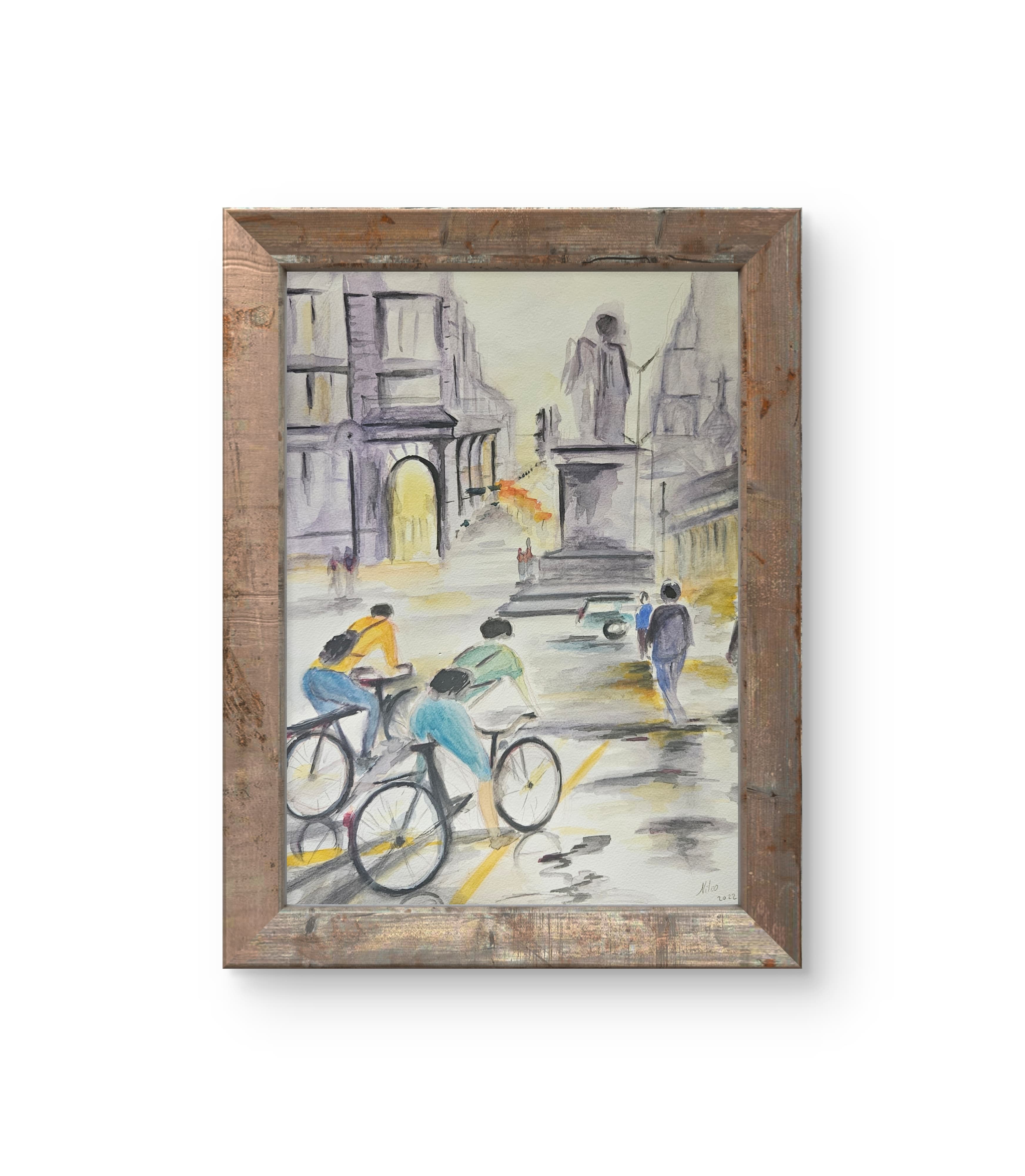Aquarellbild, Fahrradfahrer in der Stadt, (Preis ohne Rahmen und Passepartout)