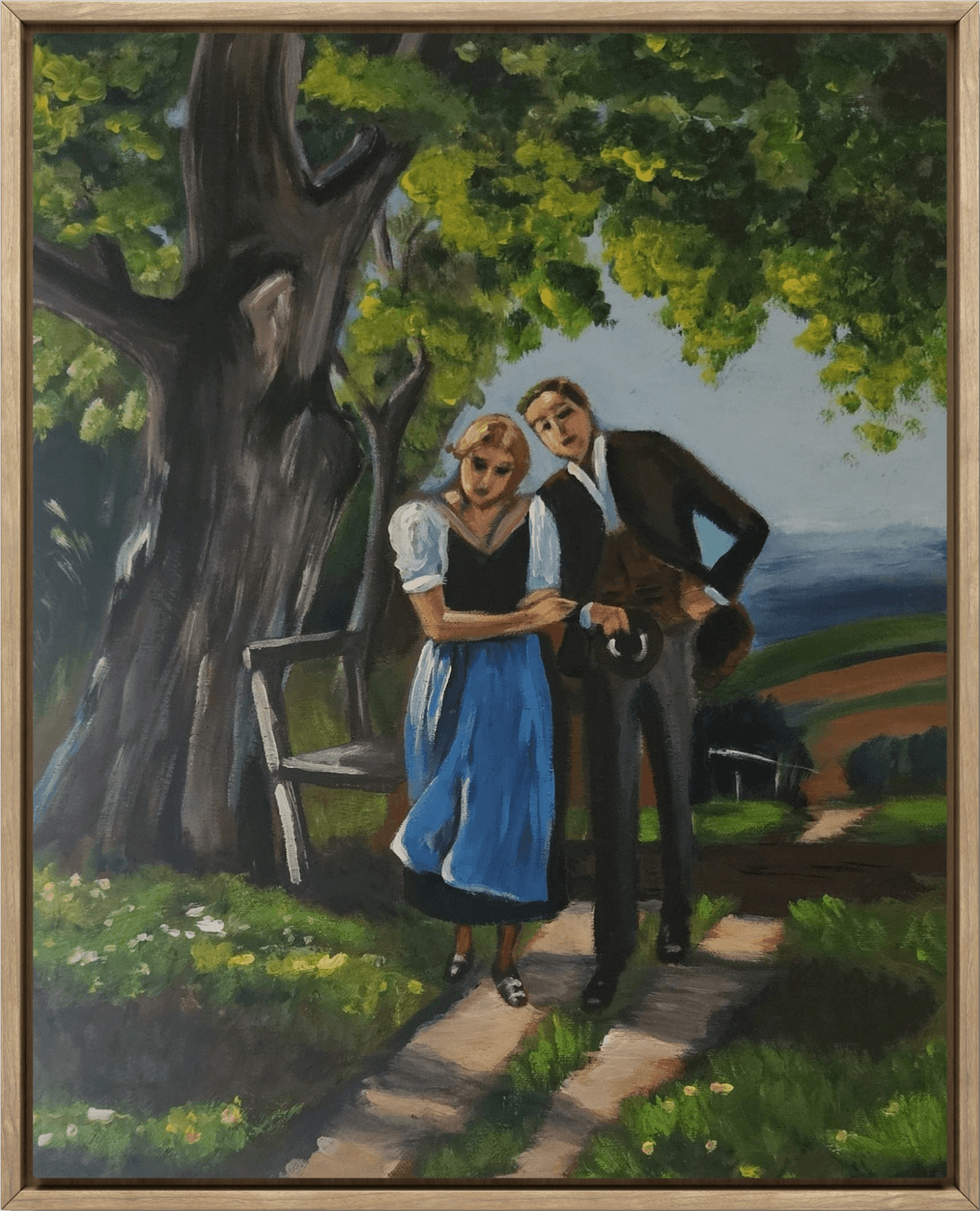 Acrylgemälde, welches ein bayerisches Mädchen und einen Gentleman auf einem idyllischen Landweg darstellt. 40 x 50 cm. (Preis ohne Rahmen)

