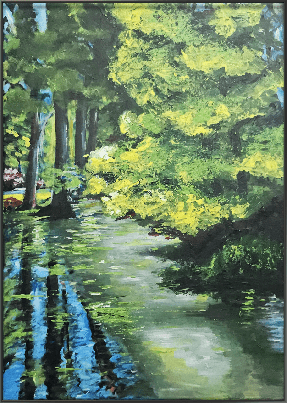 Acrylgemälde realistischer Stil aus dem Englischen Garten, das das Spiel von Licht und Schatten auf Wasser und Bäumen einfängt. 70 x 50 cm. (Preis ohne Rahmen)
