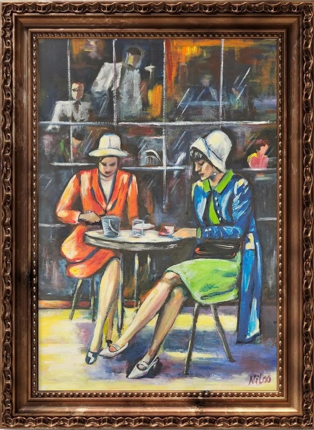 Dieses farbenfrohe, abstrakte Gemälde Acryl 70 x 50 CM zeigt 2 Frauen in einem Café gekleidet in 1920er Stil. (Preis ohne Rahmen)
