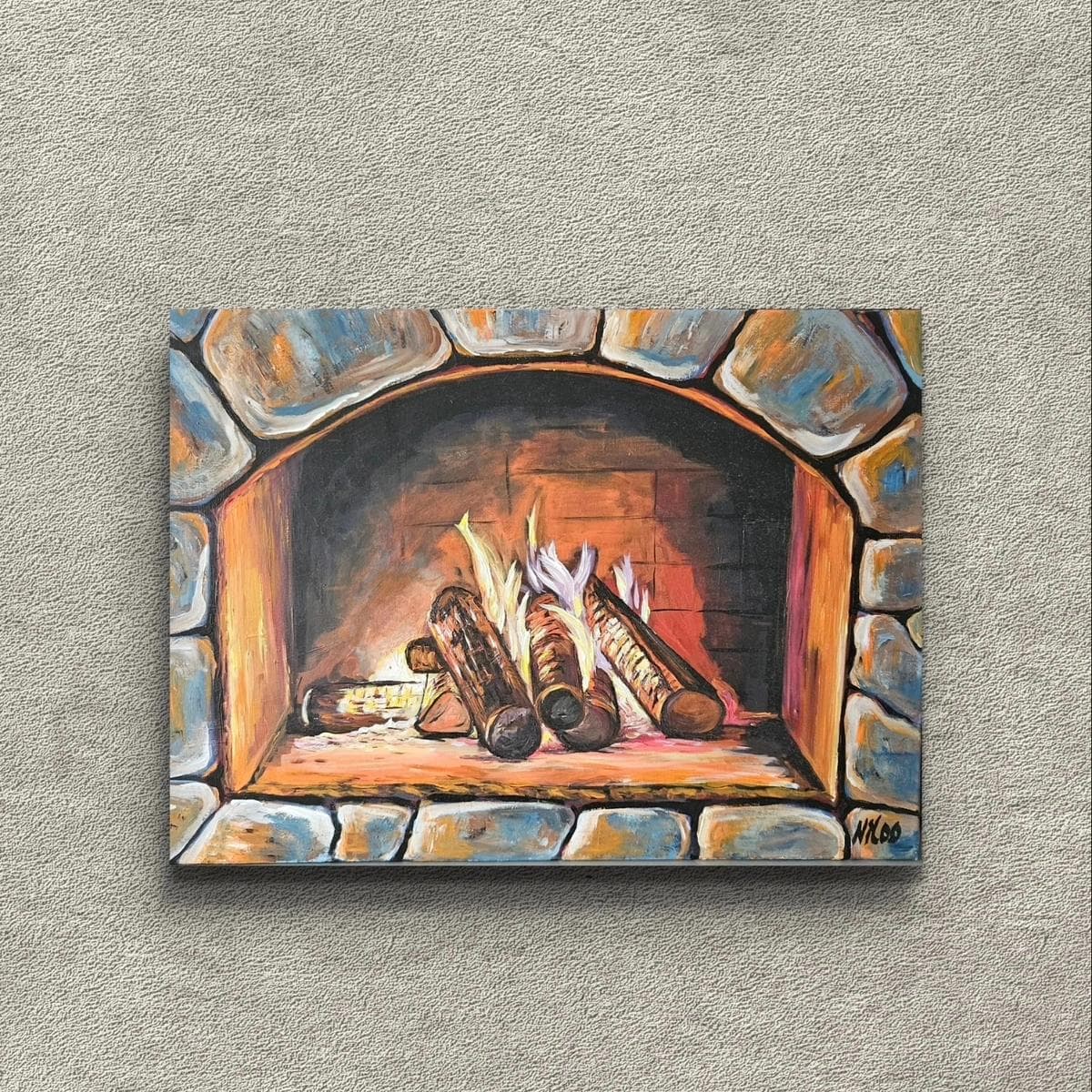 Acrylgemälde eines Kamins mit Holzscheiten, handgemalt auf Leinwand Querformat, signiert. 50 x 70 cm. (Preis ohne Rahmen)
