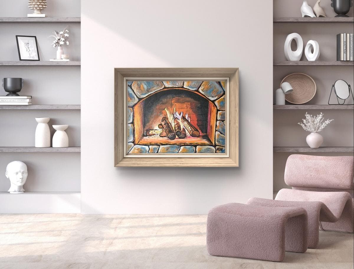 Mockup von Gemälde Kamin mit Holzscheiten, handgemalt auf Leinwand Querformat, signiert. 50 x 70 cm. (Preis ohne Rahmen)
