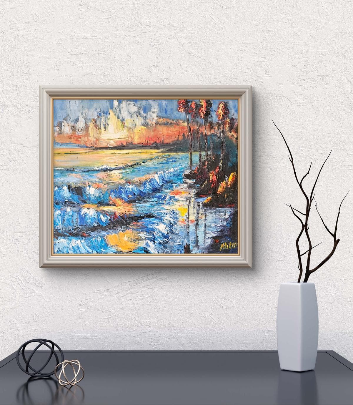 Dieses 50x70 cm große Ölgemälde auf Leinwand zeigt einen abstrakten Sonnenuntergang am Meer, der mit der Spachteltechnik erarbeitet wurde. Hier als Mockup zu sehen. (Preis ohne Rahmen)
