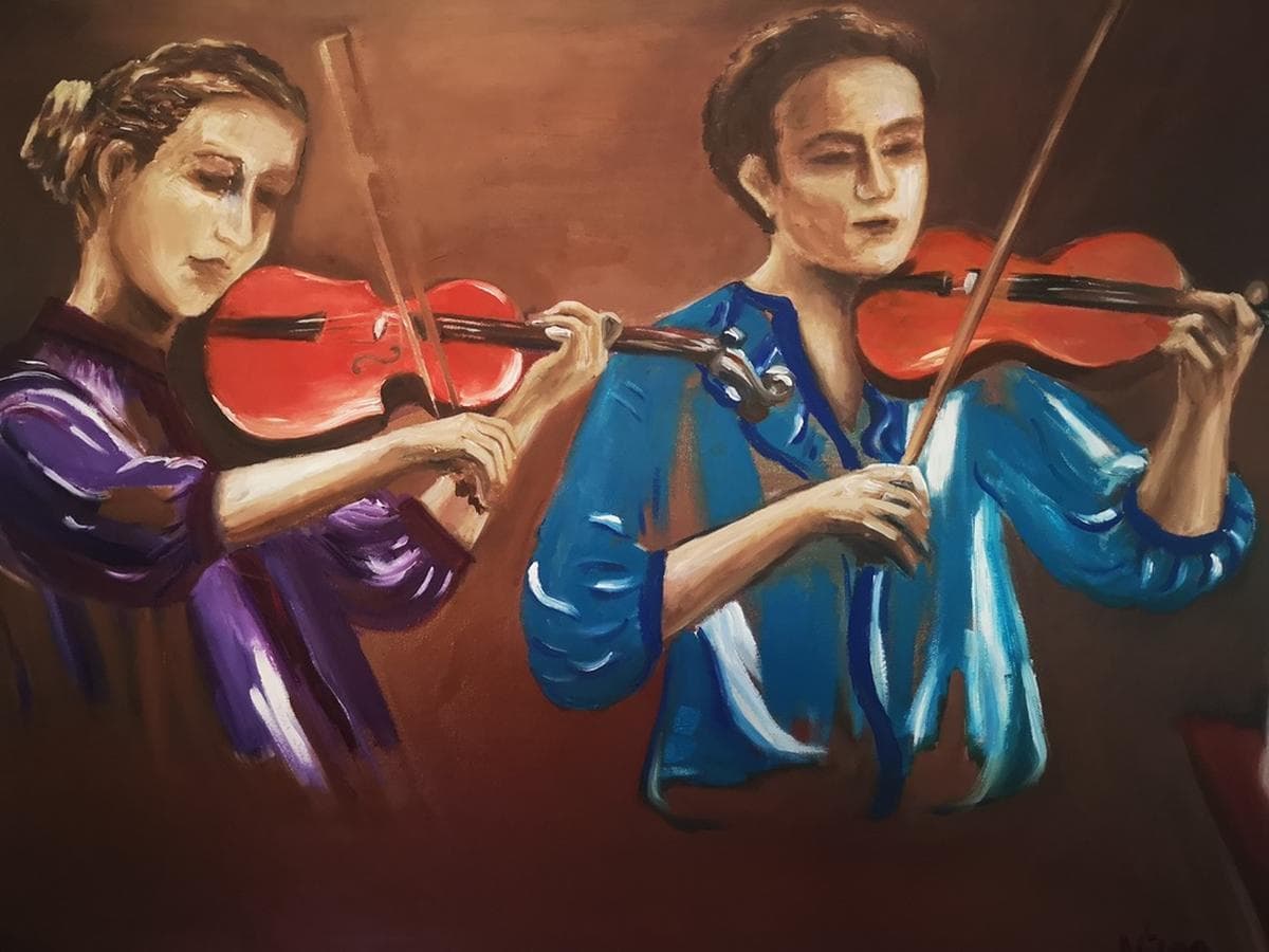 Acrylgemälde 60 x 80 cm, das zwei Violinisten in Aktion darstellt. Die künstlerische dennoch detailierte Darstellung kombiniert musikalische Leidenschaft mit visueller Schönheit. (Preis ohne Rahmen)
