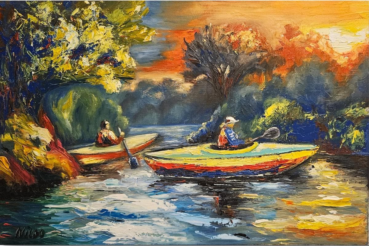 Ölgemälde 40 x 50 cm zeigt zwei Kanufahrer auf einem Fluss in Spachteltechnik auf Leinwand. (Preis ohne Rahmen)
