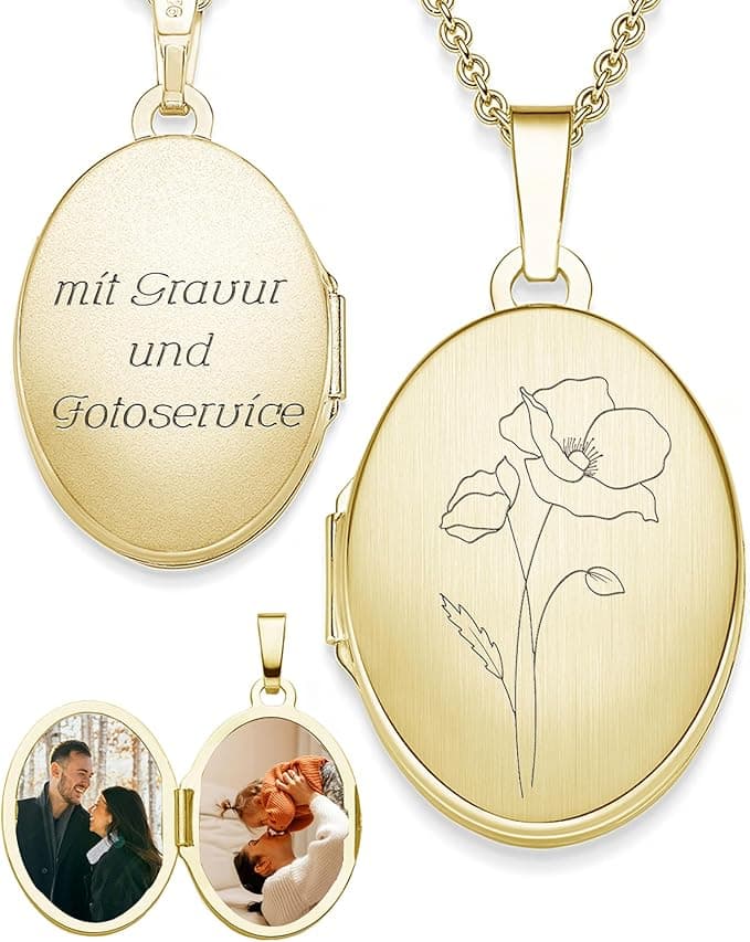 AMOONIC Damen Medaillon mit Geburtsblume oval Silber 925 / Gold vergoldet | Medallion Kette zum Öffnen für Bilder personalisiert mit Geburtsblumen Gravur | Geschenk Geburtstag
