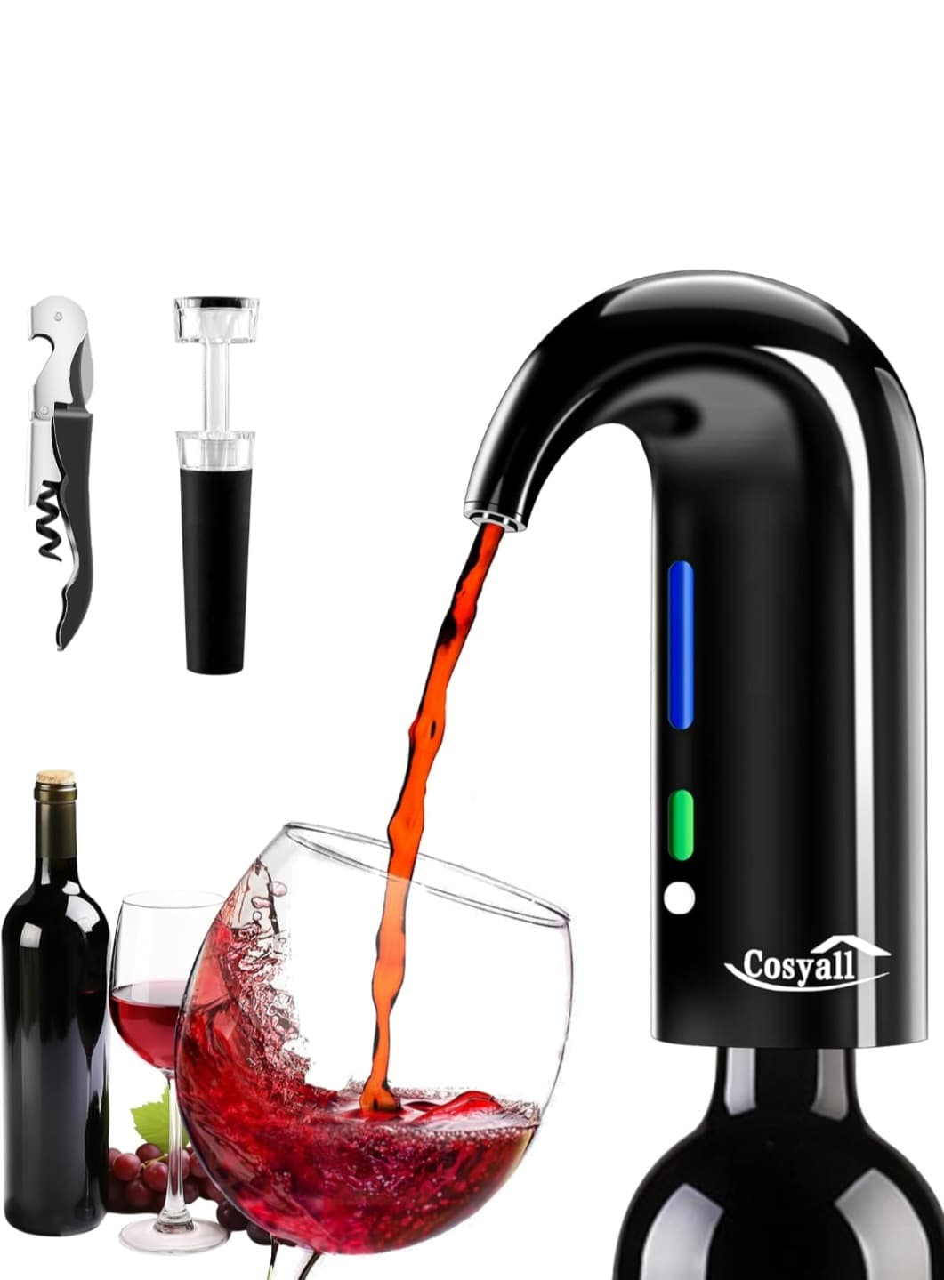 Cosyall Elektrischer Wein Dekanter, Elektrischer Weinbelüfter, Ein-Knopf automatischer Weinspender Schnelle Sauerstoffanreicherung von Rotwein, weinerkantmacher Zum Familienfeier Geschenk (Schwarz)