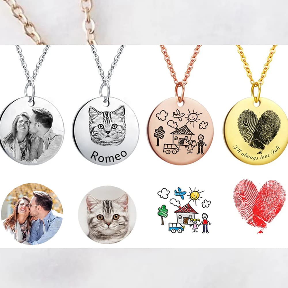 Personalisierte 925 Silber Münzhalskette mit Bild - Skizze Gravur Foto Haustier Kinderzeichnung Fingerabdruck & Name
