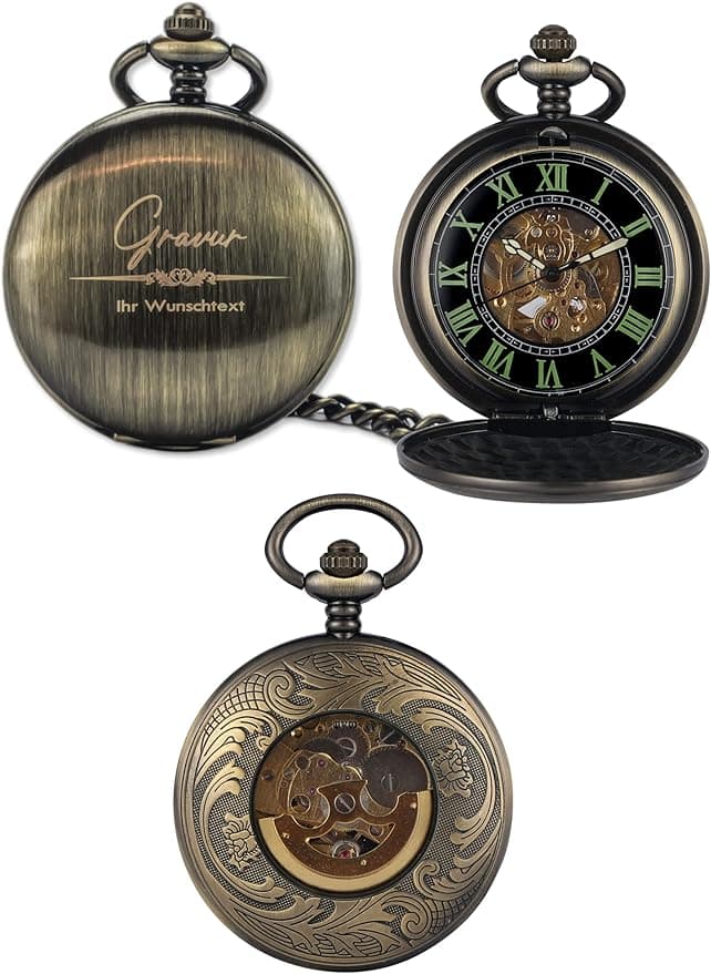 HOLZZEUG Taschenuhr mit Gravur in Bronze mit sichtbarem Uhrwerk personalisiert inkl. Kette und Sakkoclip