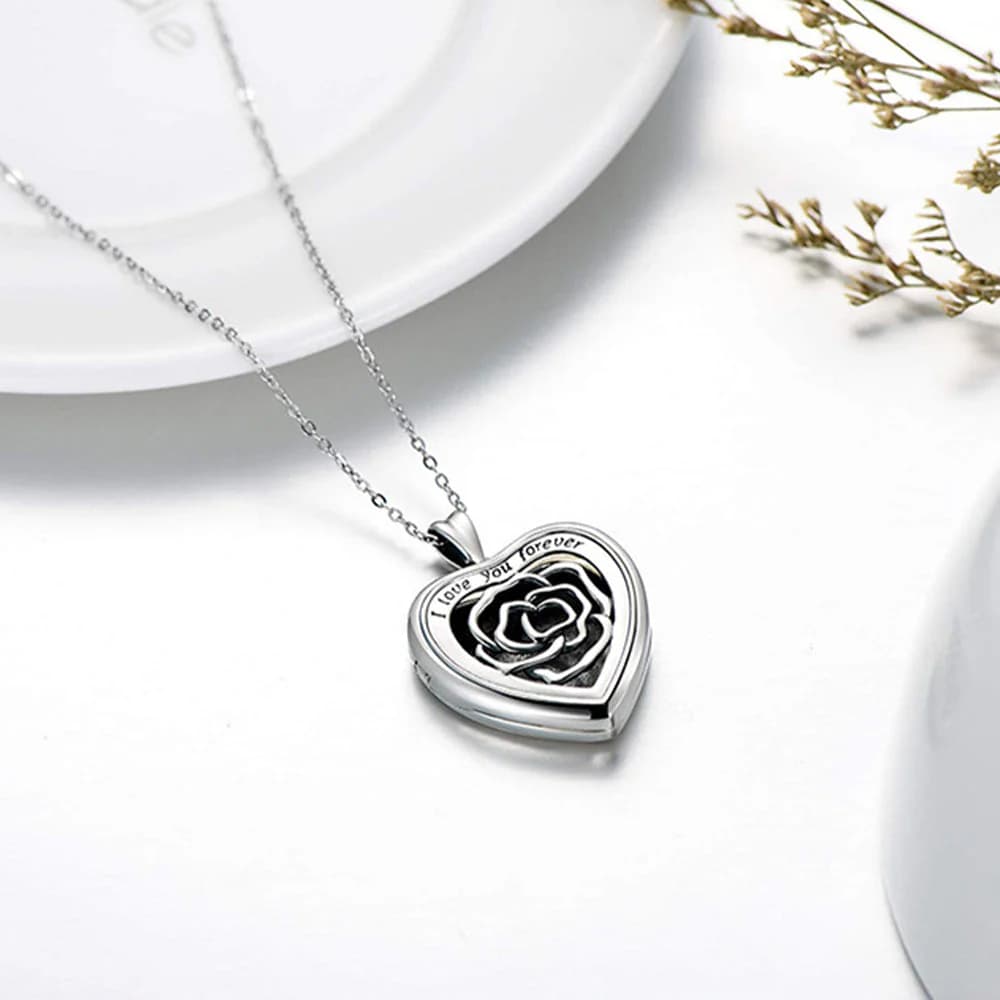 925 Silber Personalisierte Medaillon Kette mit Foto – öffnbar Herz Anhänger mit Rose, Perfektes Weihnachtsgeschenk für Freundin Ehefrau Mutter
