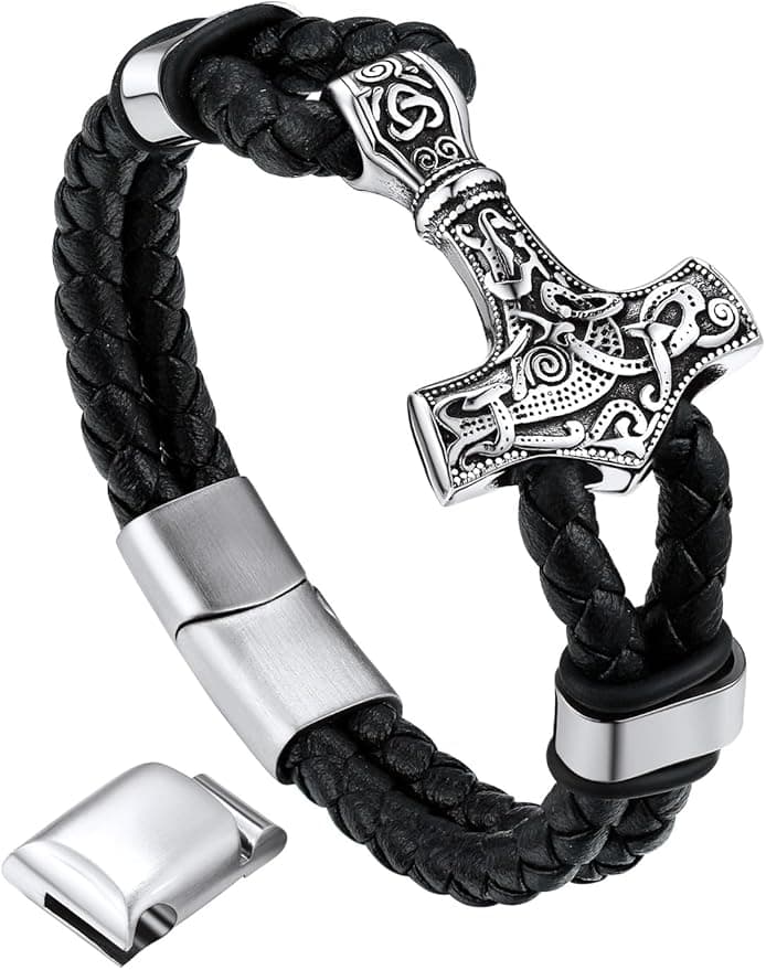 Bandmax Lederarmband Herren Thors Hammer/Totenkopf/Freimaurerei Personalisiert Armband Manschette Armband mit Magnet Verschluss Armschmuck Accessoire