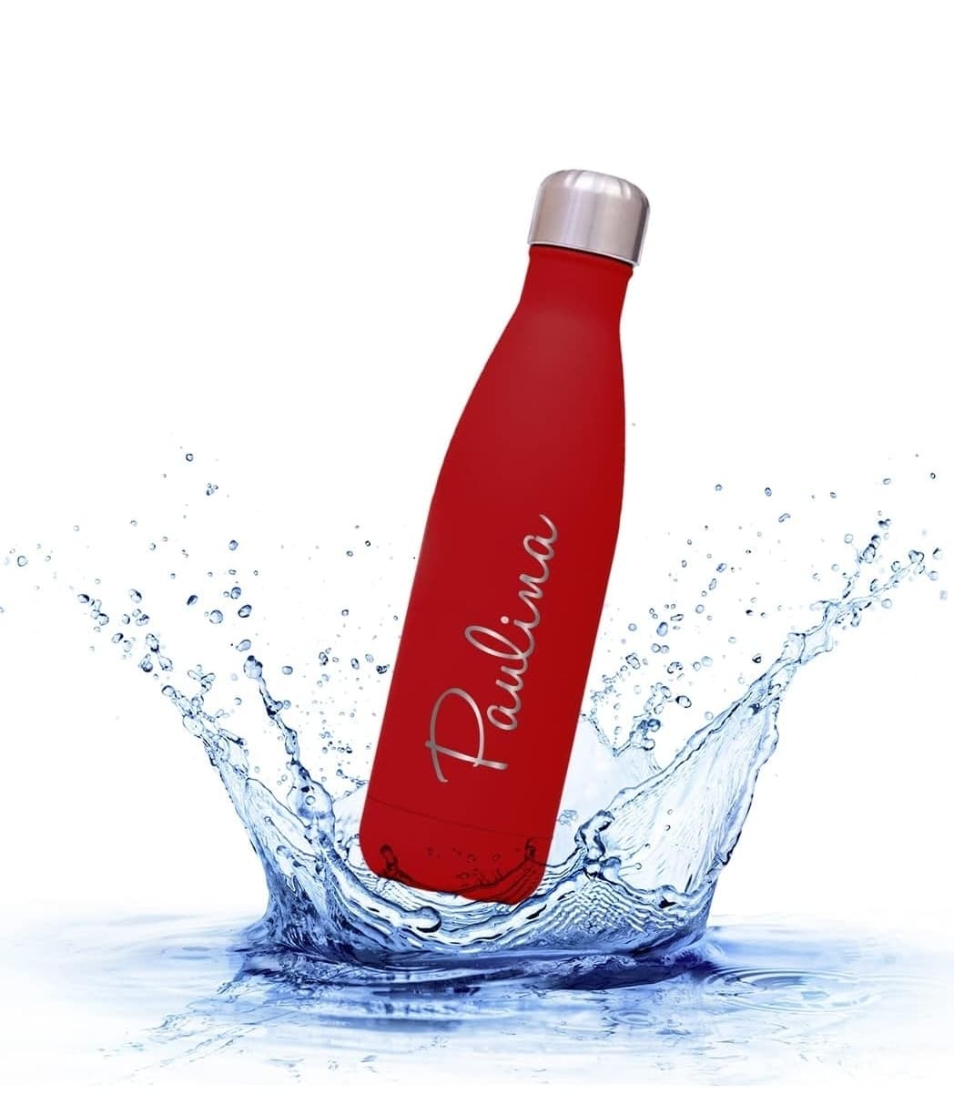 Personalisierbare Trinkflasche aus Edelstahl – auslaufsichere & thermoisolierte Wasserflasche hält Getränke bis zu 18 Stunden warm oder kalt – Gravur mit Namen und Motiv (Blau, 0.5 l)
