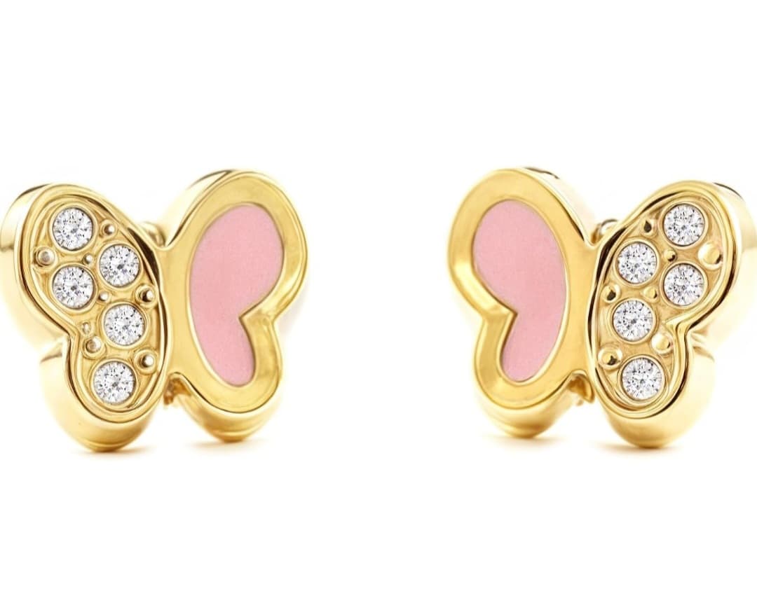 Damen & Kinder rosa Schmetterlings Ohrstecker - Gelbgold 9 Karat (375) - Geschenkbox - Garantiezertifikat
