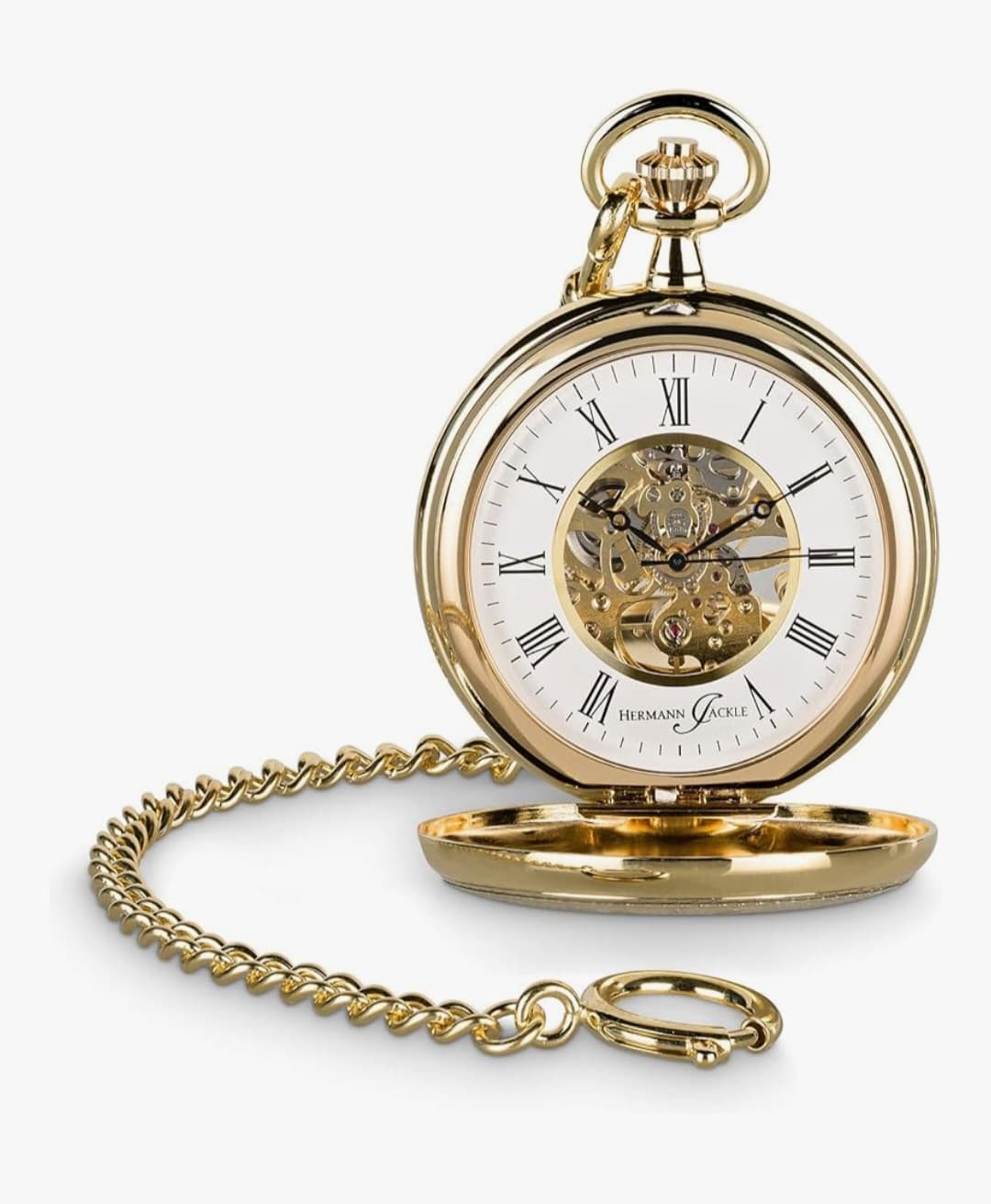 Hermann Jäckle Stilvolle Taschenuhr Bayreuth vergoldet mit Handaufzug Skelettwerk | Mineralglas | Qualitätshandwerk inkl. Kette und Reiseetui