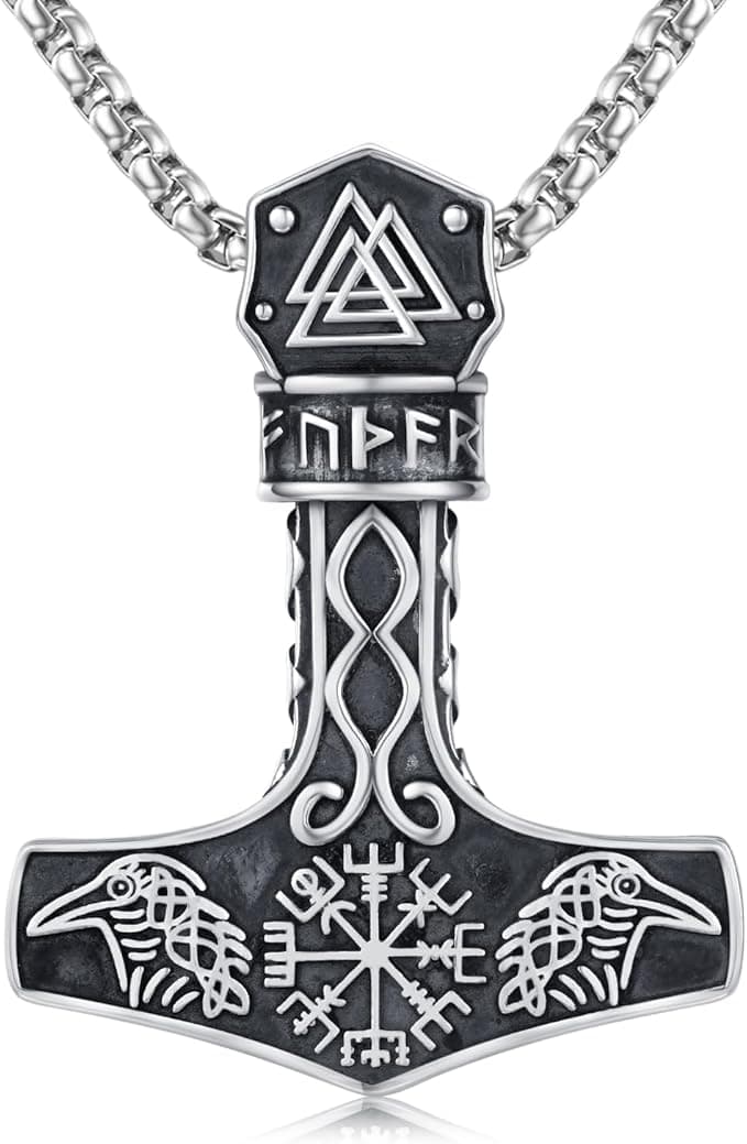 Twoowl 925 Sterling Silver Viking Valknut Mjolnir Necklace Abalone / Black Gold / Malachite / Black Onyx Thor Hammer Necklace Nordic Runes Vegvisir Amulet Jewellery Gifts for Women Men