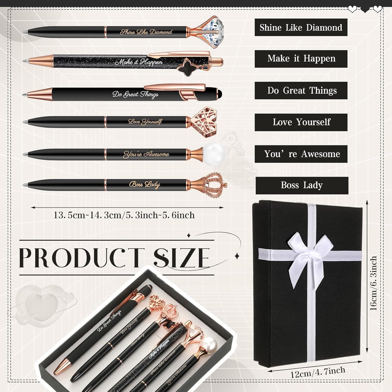 Qeeenar 6 Stück ausgefallene Stifte für Frauen Kristall Diamant Stift für Journaling Hübsche Glitzer-Stifte Inspirierende Wertschätzung Dankeschön Geschenke für Frauen Mädchen Schule Büro Weihnachten