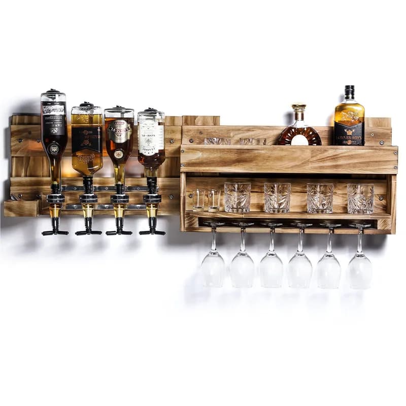 Weinregal Weinregal aus Holz, Wandbar mit 4 Getränkespender Wandmontage
Die linke Seite des Regals ist mit vier Getränkespendern. Diese Wandbar verleiht mit seiner natürlichen Holzfarbe jedem Raum eine einzigartige Atmosphäre.  Perfekt für Weihnachtsfeiern, Silvesterpartys oder Geburtstage – ein echter Hingucker in jedem Raum.
