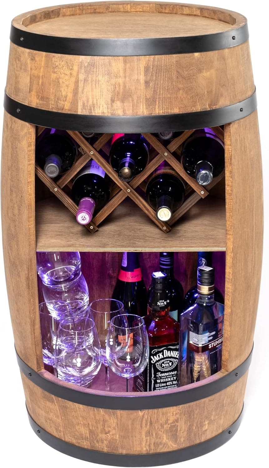 CREATIVE COOPER Fass bar mit Weinhalter - Weinregal LED RGB - Holzfass Hausbar 80x50cm - Rustikaler deko Barschrank Weinständer – Weinschrank (Dunkelbraun)