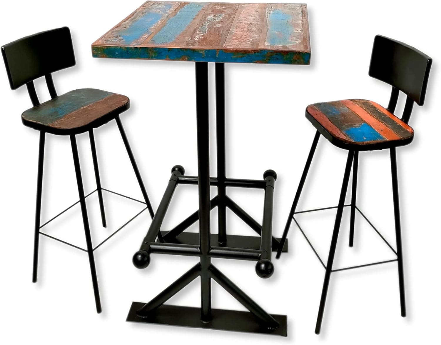 DARO DEKO Holz und Metall Stehtisch mit 2 Barhockern Vintage industriell massiv Bartisch Set Bistrotisch Hocker
