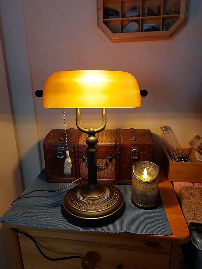 Newrays Amber Glass Bankers Schreibtischlampe mit Pull Chain Switch Plug In Fixture