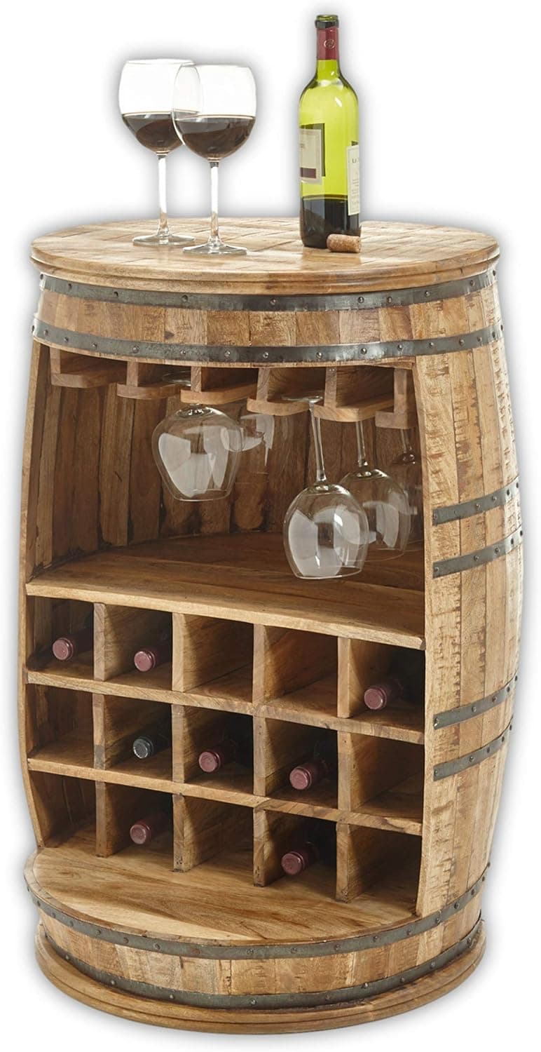 Stella Trading FIASKO Vintage Weinfass Bar Massivholz Mango - Stylisher Barschrank Weinschrank mit Ablage, Gläserhalterungen & Flaschenfächern - 58 x 91 x 58 cm (B/H/T)
