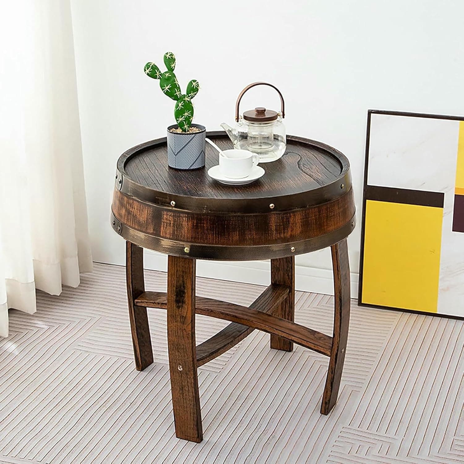 CNPRAZ Whiskyfass-Beistelltisch, handgefertigter Eichen-Weinfasstisch, rustikaler runder Couchtisch aus Holz, Whiskytisch, Fass, Beistelltisch, Deko-Möbel