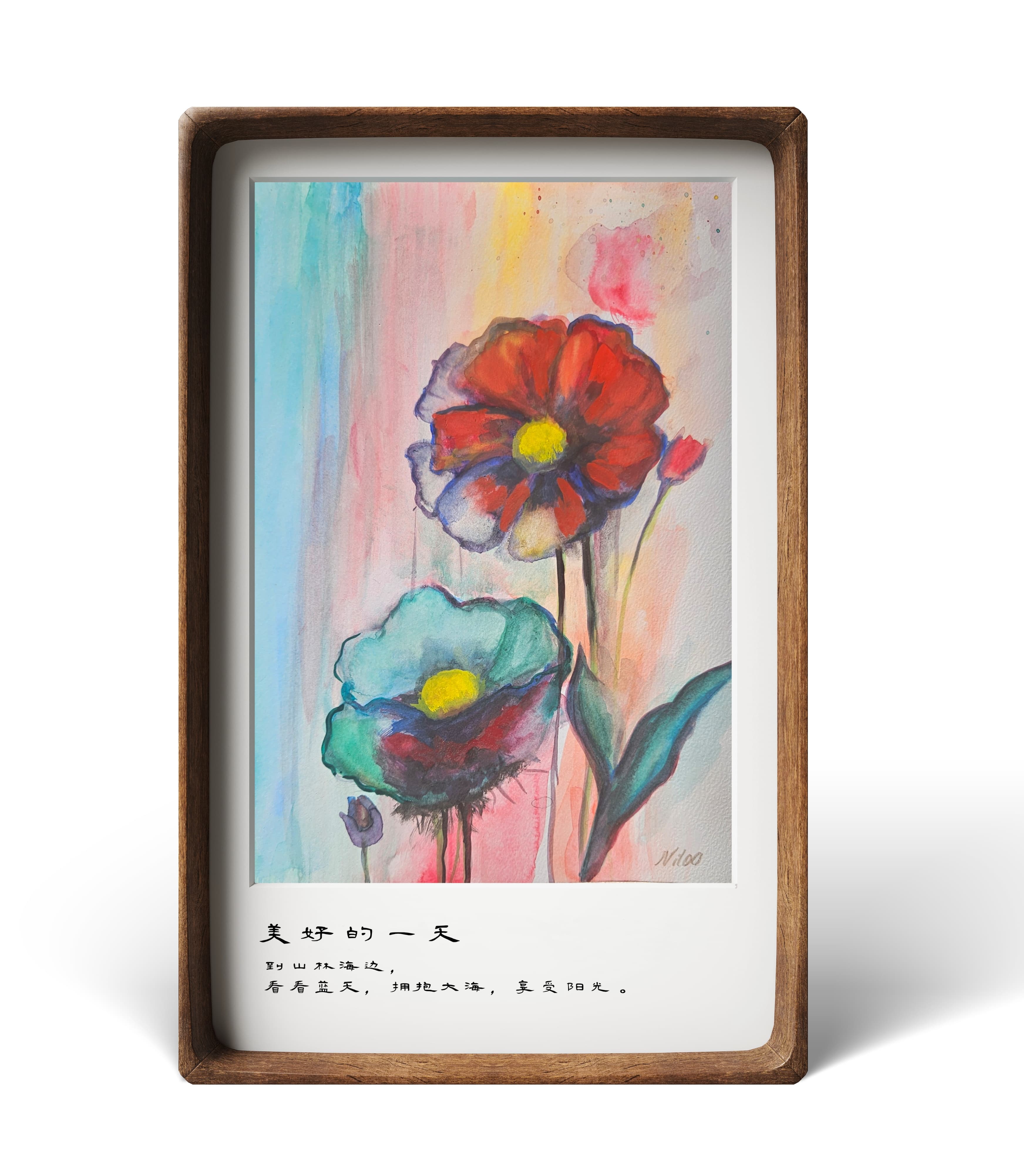 Aquarellbild DIN A4 mit floralen Motiven – zwei Blüten in Rot und Türkis auf pastellfarbenem Hintergrund, moderne Blumenkunst in leuchtenden Farben. (Preis ohne Rahmen und Passepartout)