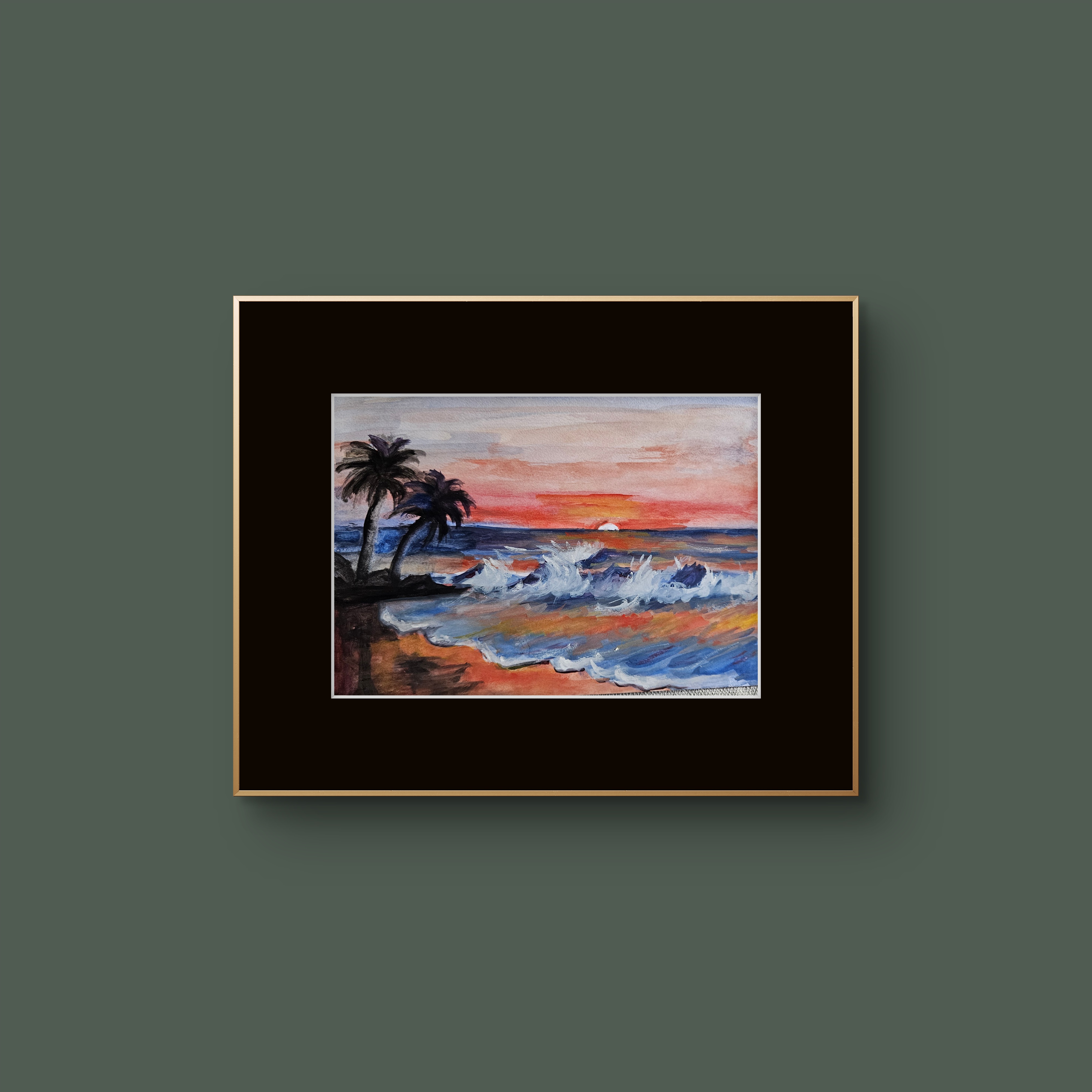 Aquarellbild ›Meer beim Sonnenuntergang‹, DIN A4 (Preis ohne Rahmen und Passepartout)