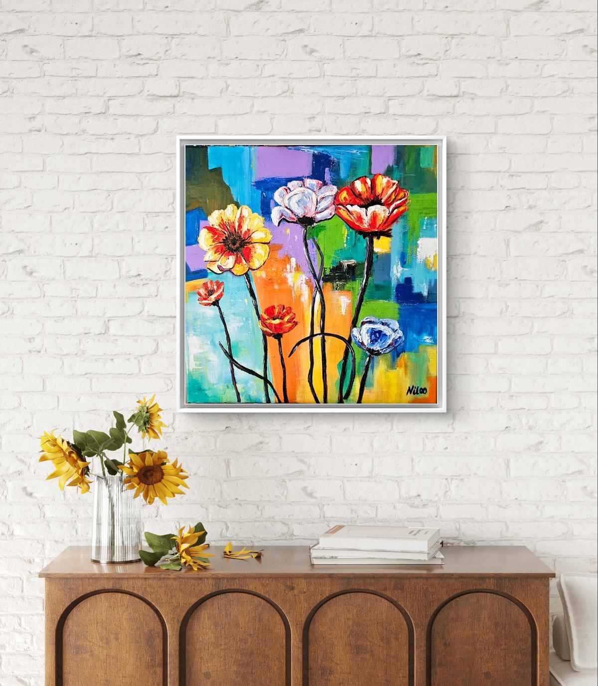Mockup von Abstrakte Blumen in Spachtel auf Acrylhintergrund 60 X 60 CM.
