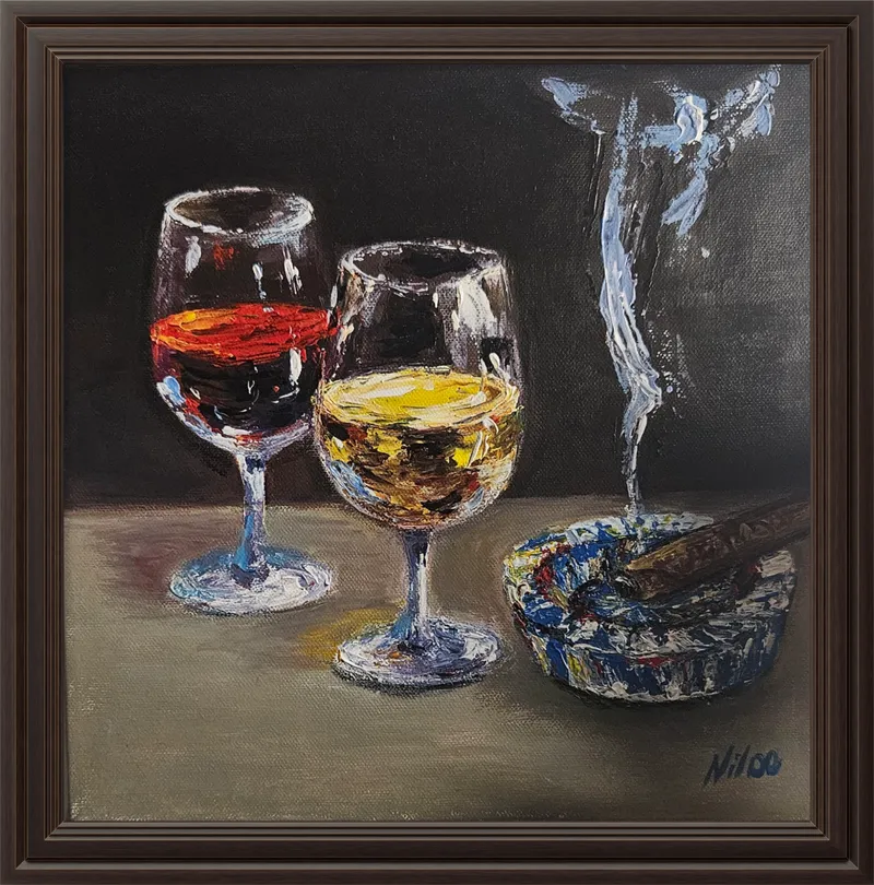 Handgemaltes Acryl-Stillleben 30 x 30 cm mit Weingläsern, Zigarre, Aschenbecher und Rauch auf dunklem Hintergrund.
Modernes Wandbild mit realistischer Lichtwirkung, klare Kontraste, zeitgenössischer Stil.
Unikat-Kunstwerk, inspiriert von Aziz Sulaymanov, ideal für Wohnzimmer, Bar oder Büro.